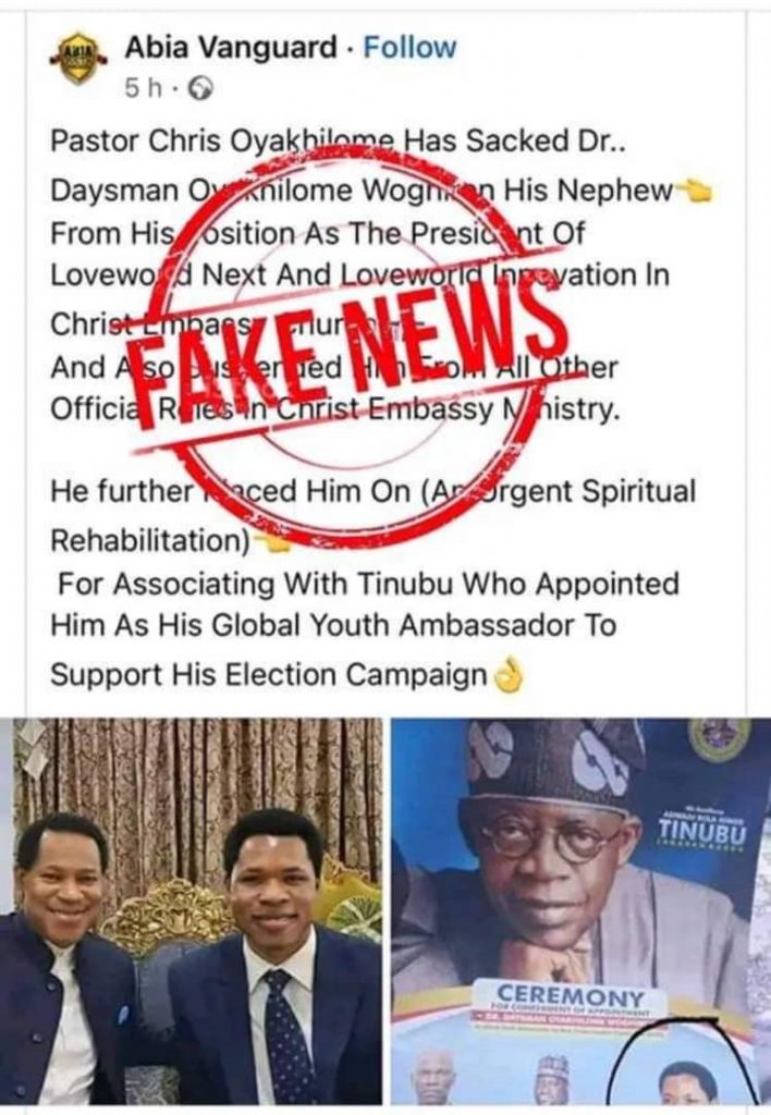 Fact check: Pastor Chris didn’t suspend nephew over affiliation with Tinubu