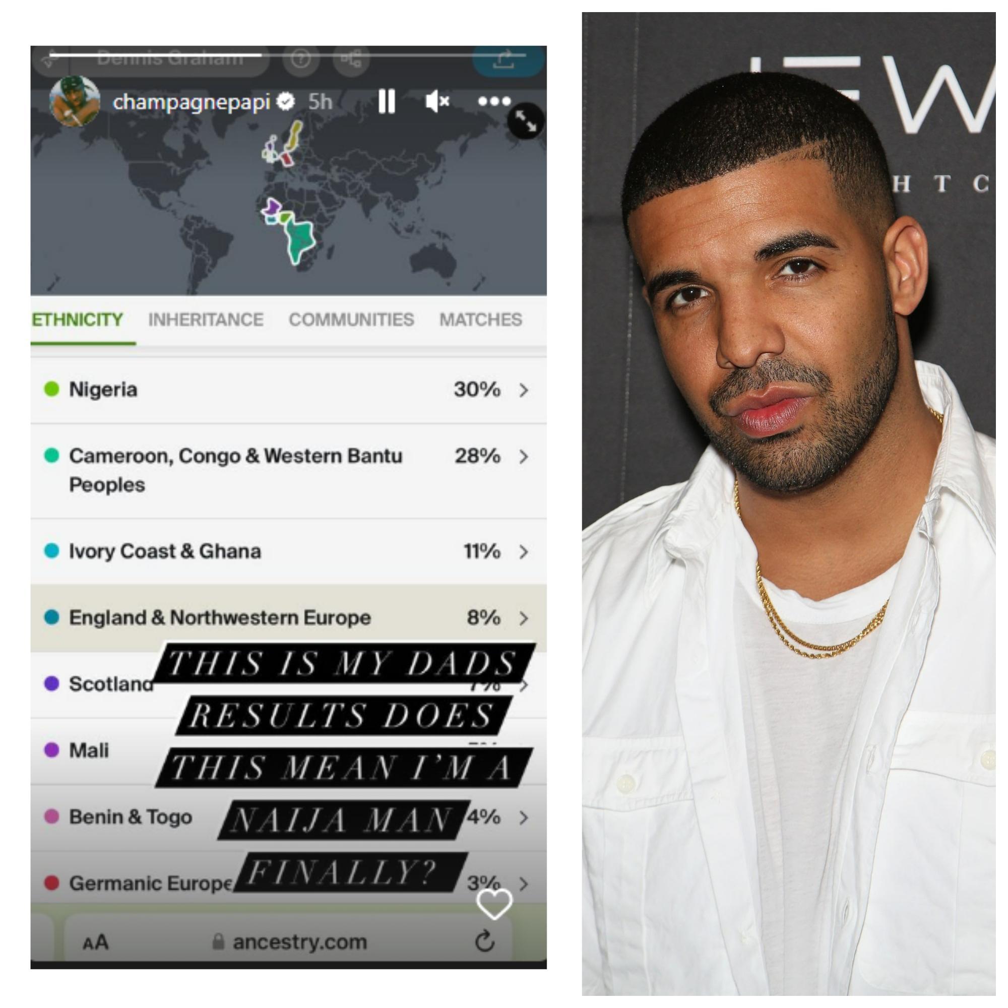 Drake shows his DNA ancestry, says he is 30% Nigerian