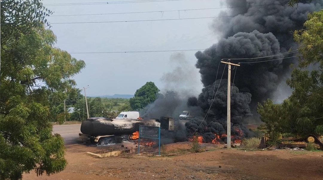 Two injured as fuel-laden tanker explodes after being hit by a bus 