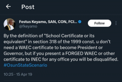 CSU: Throwbacks on Keyamo's views on certificate forgery