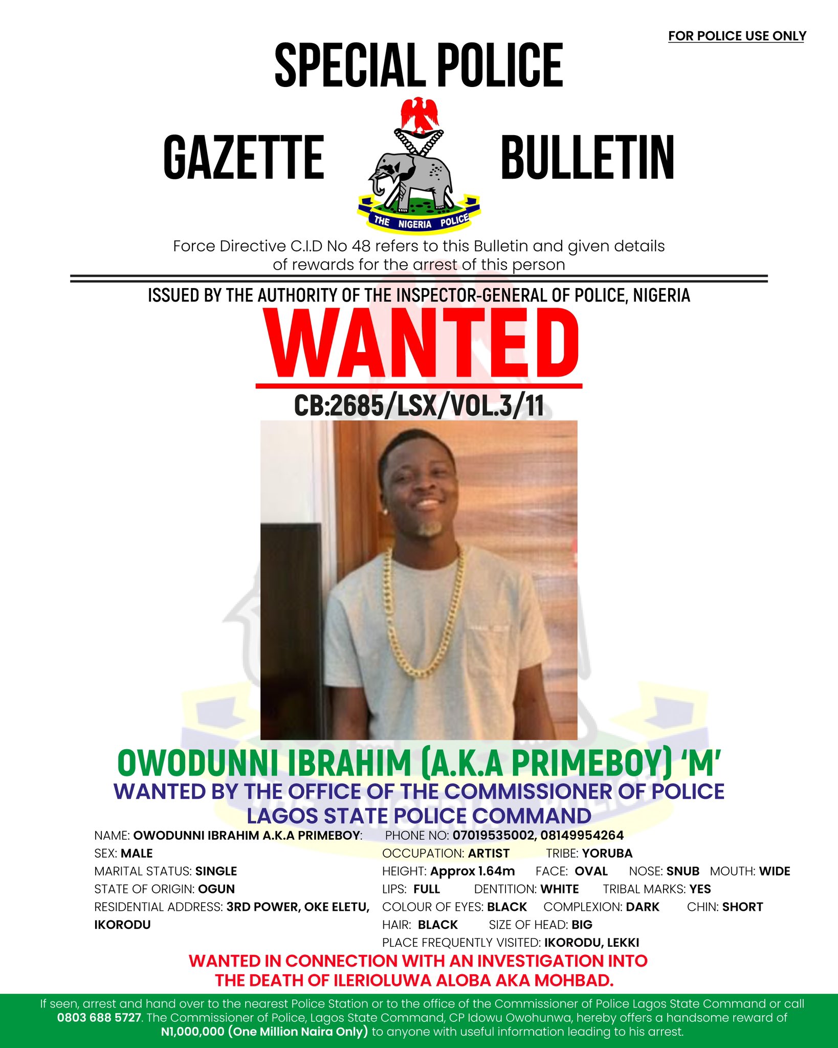 MOHBAD: Police declare Primeboy wanted, place N1m reward