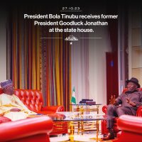 Jonathan visits, congratulates Tinubu at State House, Abuja