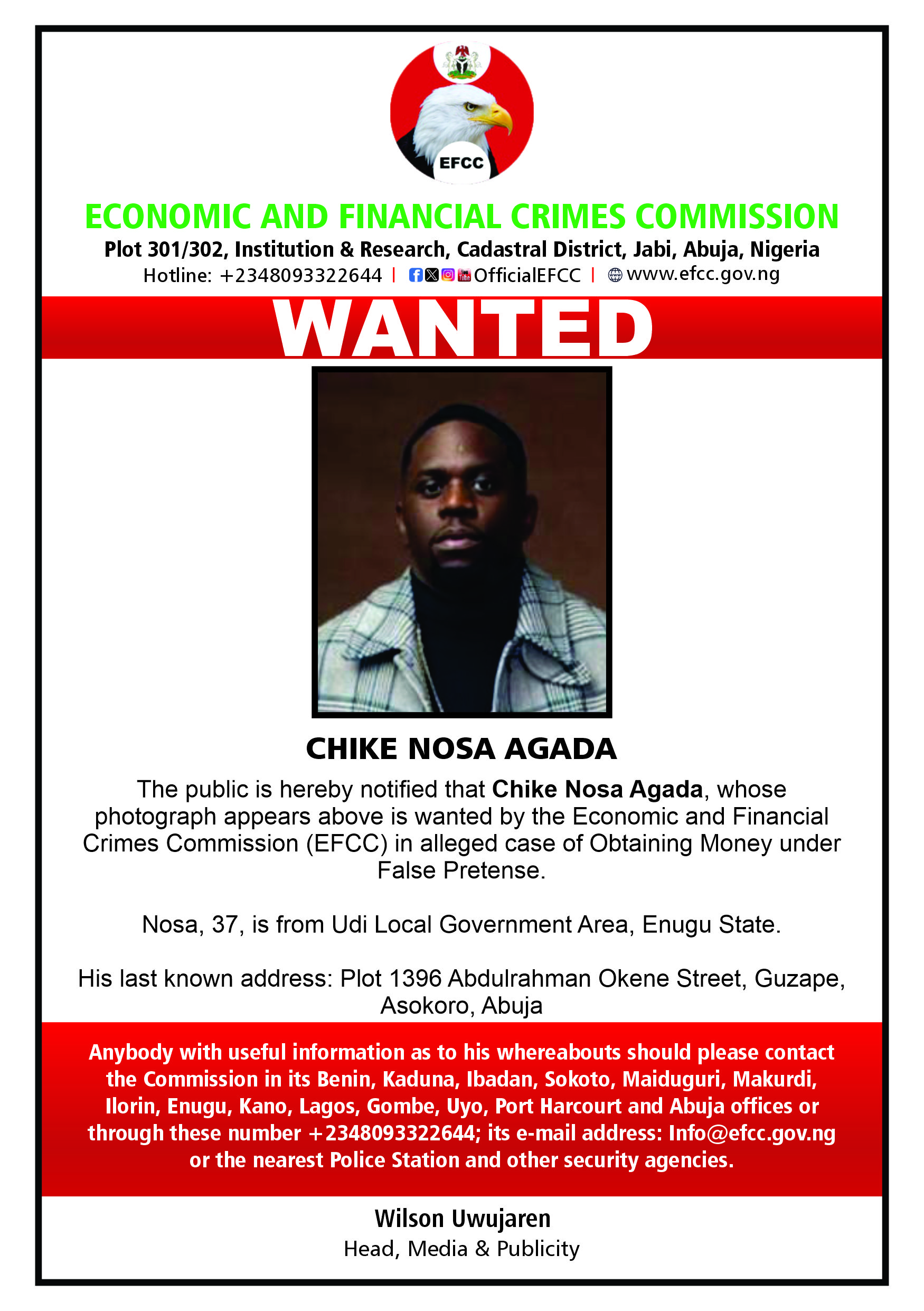 Chike Nosa Agada wanted by EFCC