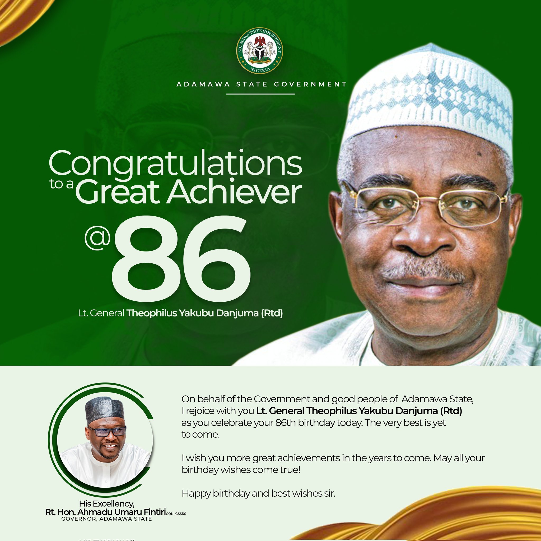 Fintiri congratulates Danjuma on 86th birthday