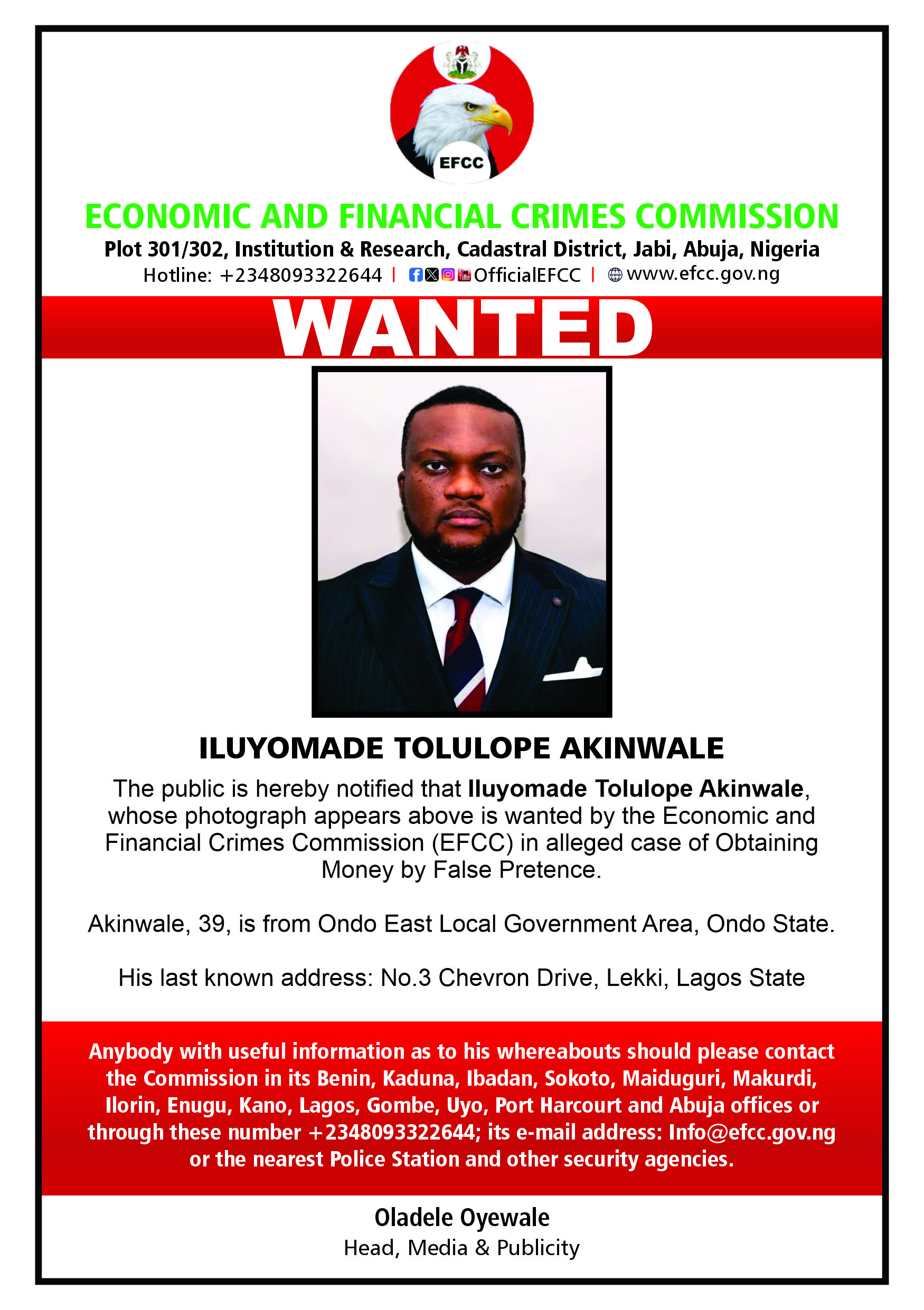 EFCC declares Tolulope Akinwale wanted