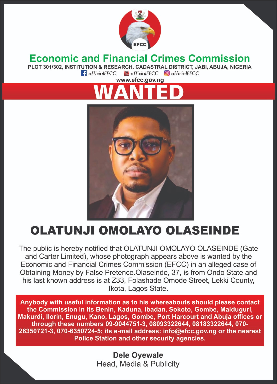EFCC declares Omolayo Olaseinde wanted