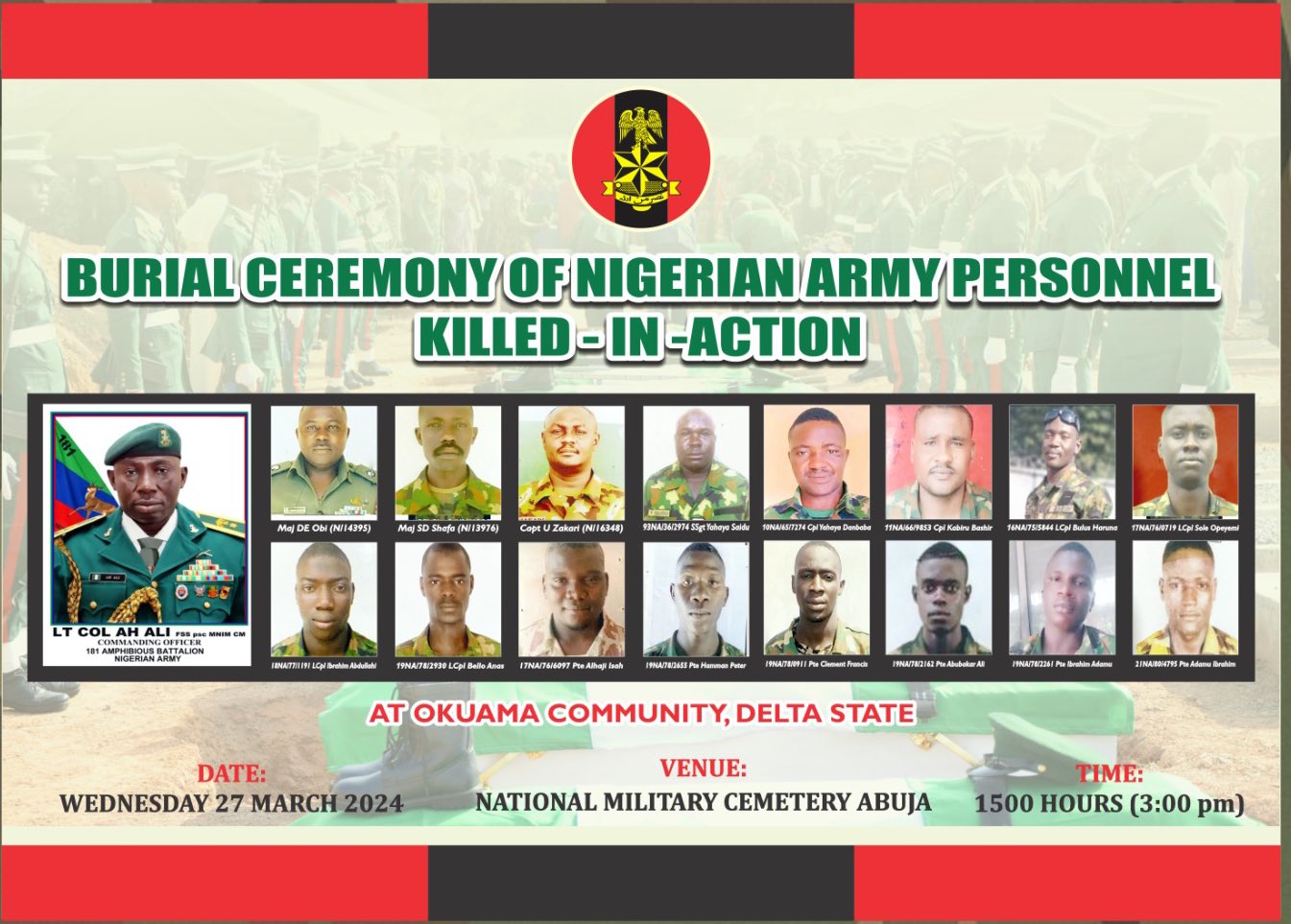 Nigerian Army announces March 27 for burial of 16 soldiers killed in Delta