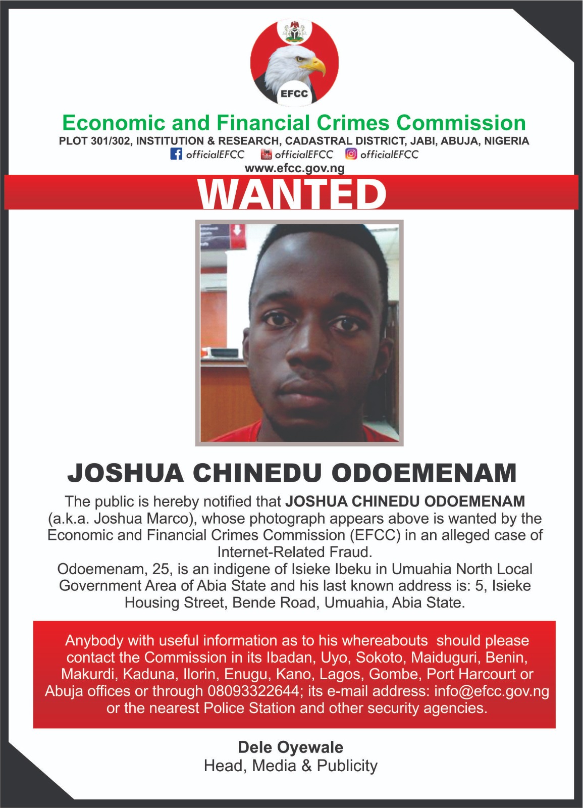 EFCC declares 25-year-old Odoemenam wanted for Internet Fraud