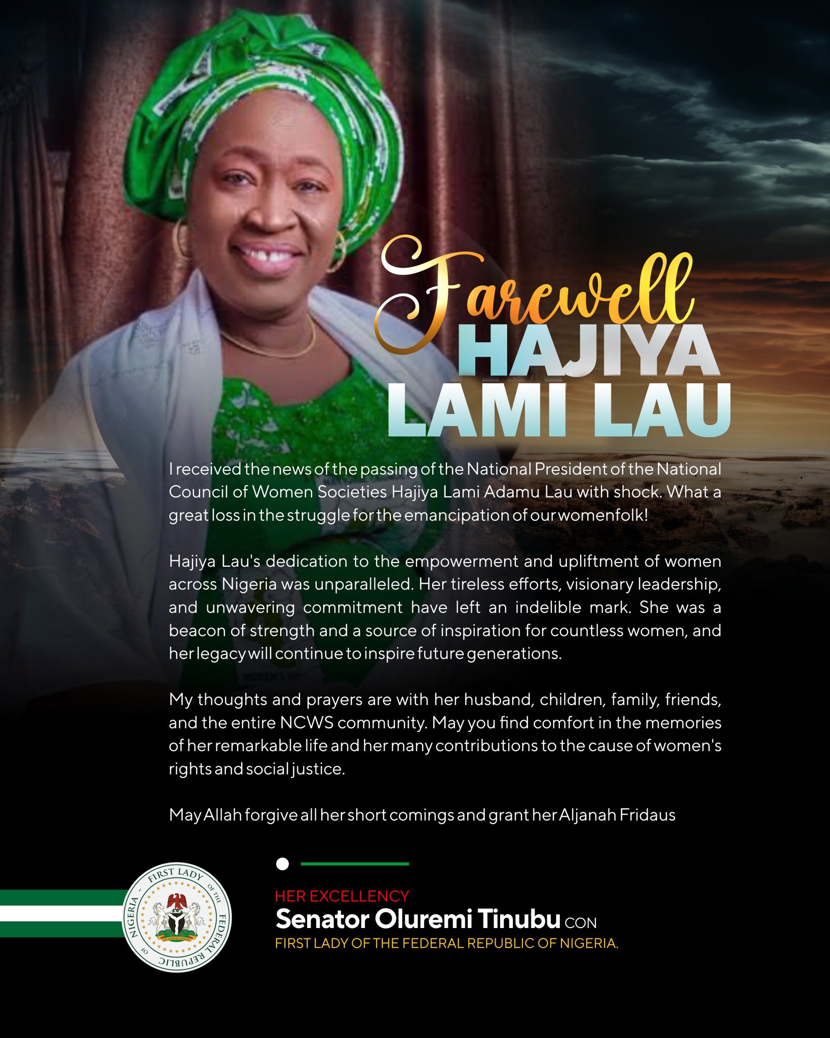 First Lady, Oluremi Tinubu, bids farewell to Lami Adamu Lau, President, National Council of Women Societies