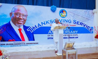 Gov Sheriff Oborevwori speaking at the Thanksgiving Service