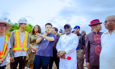 Hua Zing, Project Manager of CCECC, briefing Governor Sheriff Oborevwori on progress of work on Ubu River bridge, Ogwashi-Uku