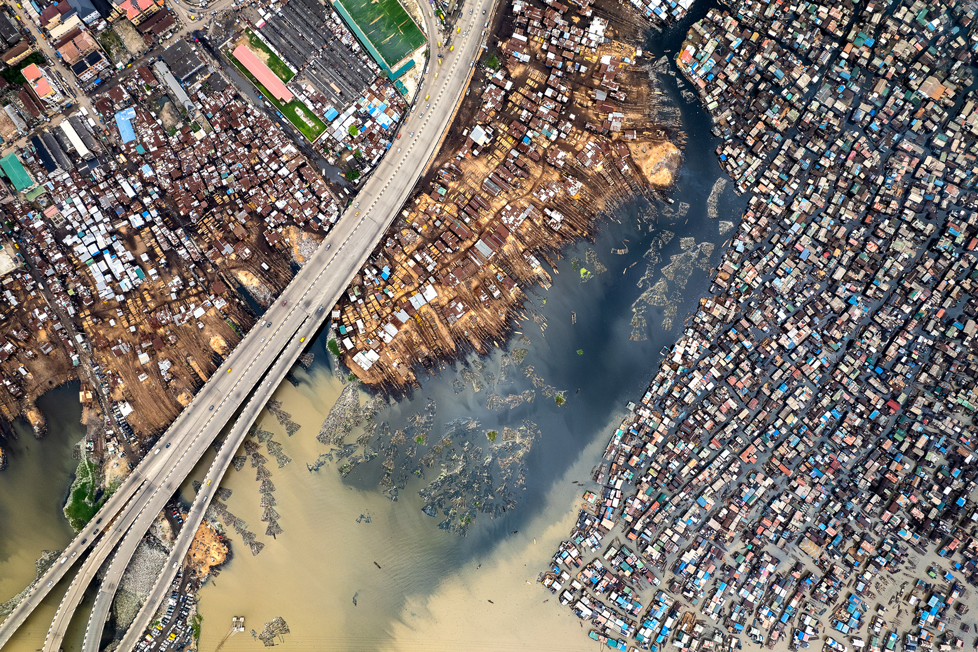Nigeria Makoko stilt houses against Victoria Island skyline