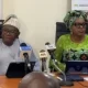 Prof. Ayobami Salami, INEC Resident Electoral Commissioner, Lagos State and Mrs Oluyemi Adeyemi-Showunmi, INEC Administrative Secretary, Lagos State, at a news conference on Tuesday to announce readiness for the Continuous Voter Registration