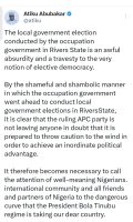 Former Vice President Atiku Urges Opposition to Reject Rivers LG Poll Results