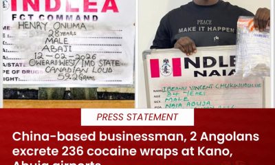 NDLEA busts drug ring, recovers 236 cocaine wraps from three suspects at Abuja, Kano Airports