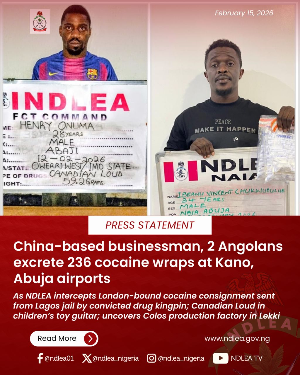 NDLEA busts drug ring, recovers 236 cocaine wraps from three suspects at Abuja, Kano Airports