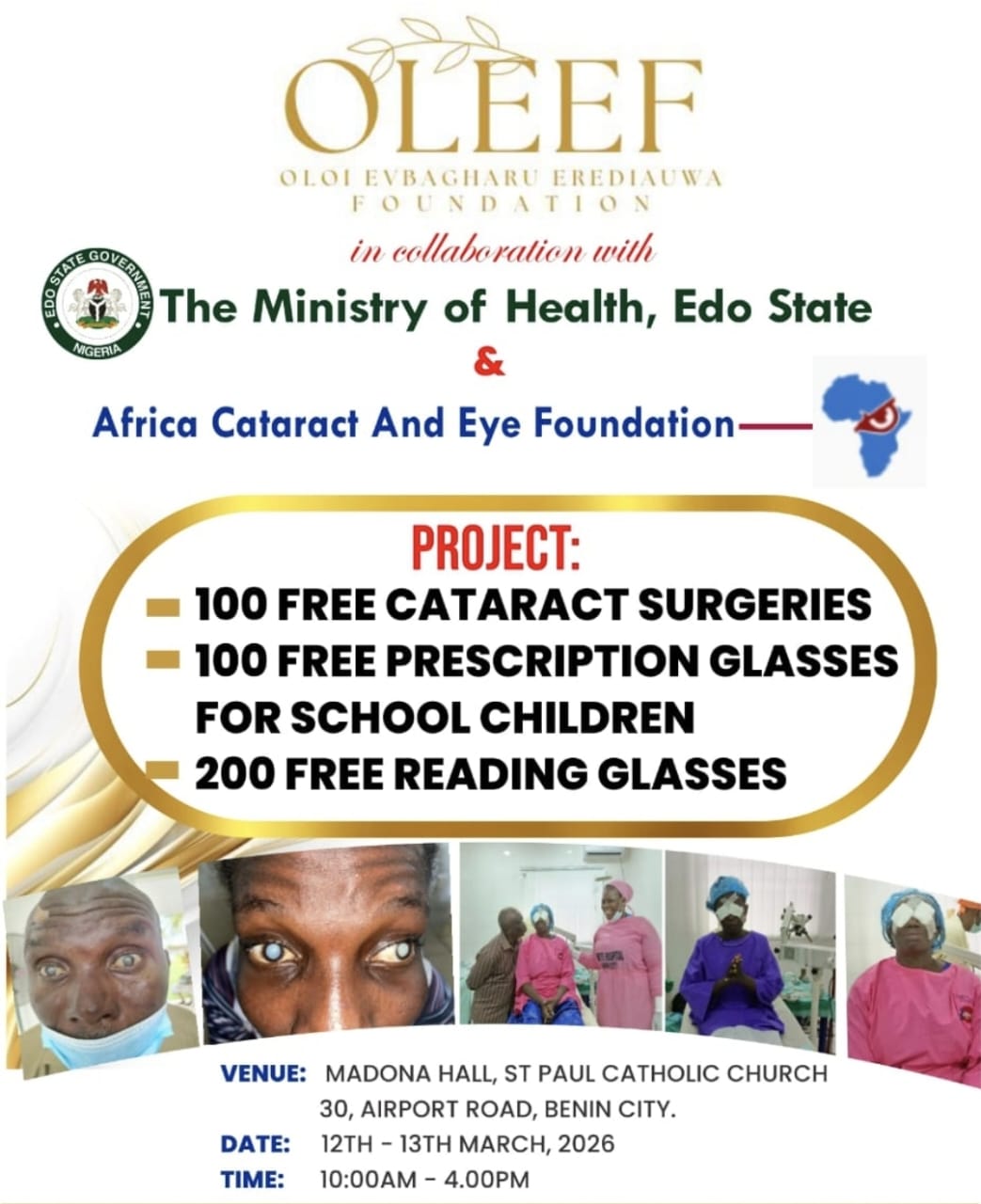 Oloi Evbagharu Erediauwa Foundation launches free eye surgery programme for Edo communities